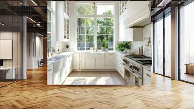 modern kitchen design, sunny white kitchen featuring marble countertops, large windows for natural light, ideal for enjoying your morning coffee Wall mural