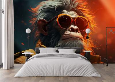 Monkey in sunglasses, close-up face. AI generated Wall mural