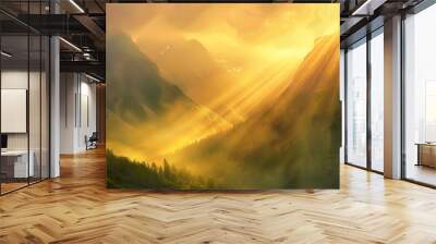 mountain sunrise, the rising sun casts golden light on the mountain slopes, weaving a mesmerizing tapestry of light and shadow that enchants the eye Wall mural