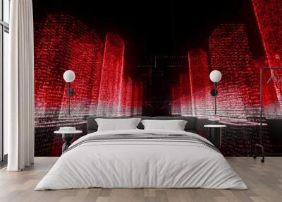 Moving through the bright red and white colored model of abstract digital city contained of random numbers and symbols on black background. Business, communications or tech concept. 3d rendering 4k Wall mural