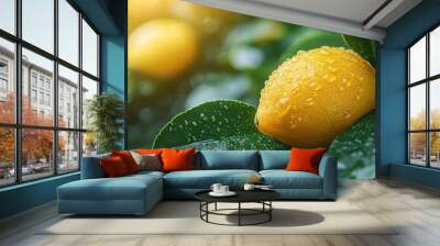 natural fragrance, lemon essential oil droplets on a leaf evoke a fragrant lemon experience Wall mural