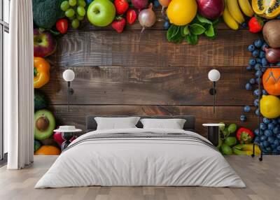 neatly arranged fresh produce on wooden table promotes healthy living with space for text, embodying a wellness concept Wall mural