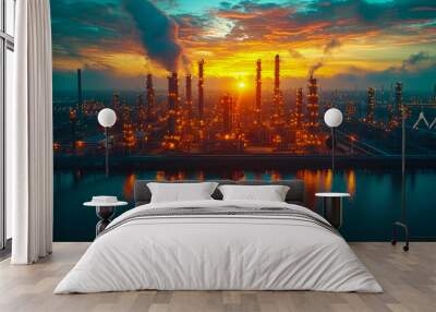 Oil refinery and petrochemical plant at sunset Wall mural