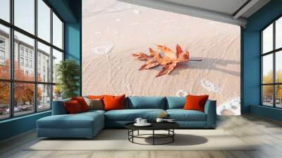 Orange autumn leaf on the beach sand, autumn season concept Wall mural