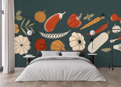 Organic fresh vegetables set. Vegetarian healthy food collection. Horizontal concept composition. Vector illustration in hand draw style. Wall mural