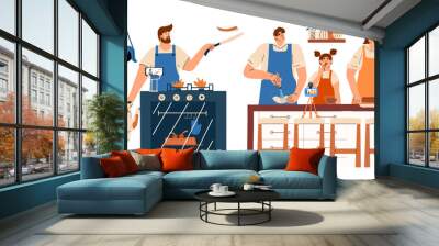 People is making a video for a food blog. A man cooks pancakes at the stove and pets a dog. Family spending time together in the kitchen. Vector illustration Wall mural