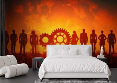 peoples silhouettes with gears represent teamwork and collaboration in this banner template for a teamwork concept Wall mural