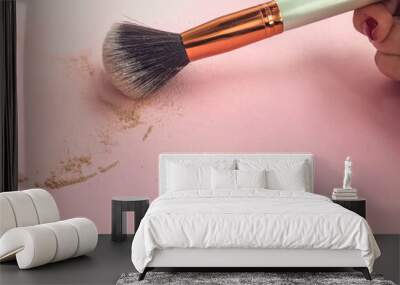 Pink professional makeup brush for powder and eye shadows, isolated on pink background Wall mural