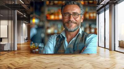 Portrait of a handsome mature man working in a pub or restauran Wall mural