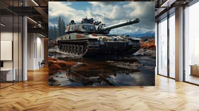 Powerful armored military battle tank with strong armor and big gun rides on the battlefield in the war Wall mural