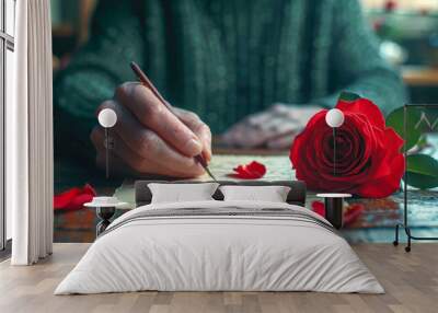 Red rose and a man's hand with a pencil writes in a notebook a love letter Wall mural