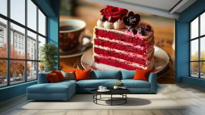 Red Velvet Cake with Love Message and Coffee.,A slice of red velvet cake with cream and a red rose on top Wall mural