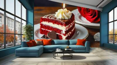 Red Velvet Cake with Love Message and Coffee.,A slice of red velvet cake with cream and a red rose on top Wall mural