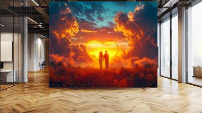 Romantic couple in love on the meadow at sunset background Wall mural