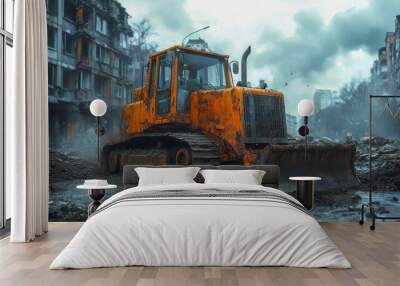 Rugged bulldozer on a muddy construction site, showcasing wear and tear against a gritty urban background Wall mural