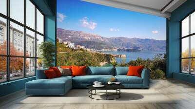 Scenic view with amazing sea and nature landscape, Adriatic sea coast in Montenegro, awasome Budva city vie, Scenic montenegro landscape with sea and mountains view captured in sunny bright day Wall mural