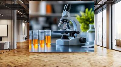 science lab equipment like microscope and test tubes on a table signifies hands-on learning, suitable for an educational concept banner Wall mural