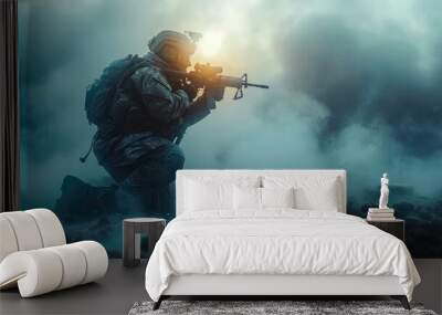 Special forces soldier in action. Special forces soldier in action on war foggy background. Selective focus Wall mural