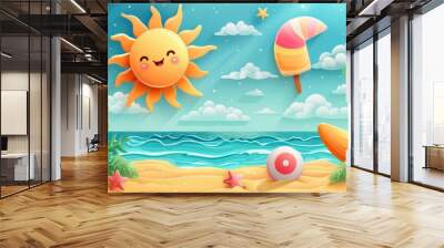 summer clipart set with vibrant sun, beach ball, and popsicle on sandy beach backdrop, ideal for summer design projects Wall mural