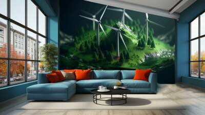 The concept of green energy and ecology of the future. Alternative high-tech wind and air energy with wind farms. AI generated Wall mural