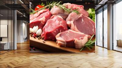 Title assortment of fresh pork, beef, turkey, and chicken meat on wooden cutting board Wall mural