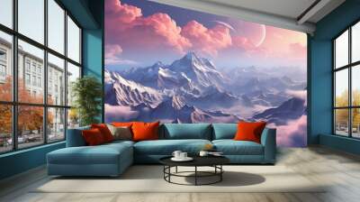 Top view of high mountains with snow caps on the peaks in nature against a pink beautiful sky, view from a drone. AI generated Wall mural