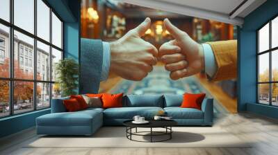 Two business collaborators give a thumbs-up in an elegant office environment, symbolizing agreement or success Wall mural