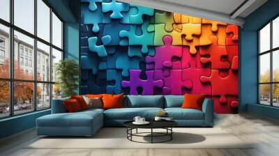 vibrant puzzle pieces fitting together as a symbol of unity and teamwork, ideal for banner design depicting the concept of collaboration Wall mural