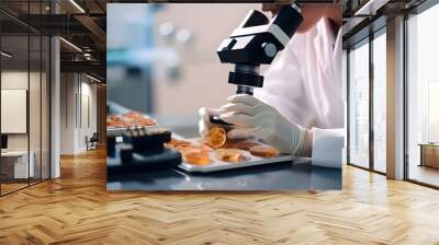 Woman check the quality of food with a microscope, a quality laboratory. Generative AI Wall mural