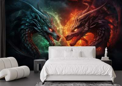 confrontation of two dragons green and red. Wall mural