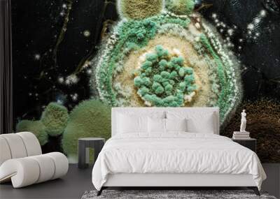 green yellow round fungal mold on a heterogeneous black surface, macro abstract background Wall mural