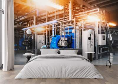 interior of the boiler room with two gas boilers, a control cabinet and pipes for supplying gas and steam. Three-quarter view. Blue tinting with lamps on Wall mural