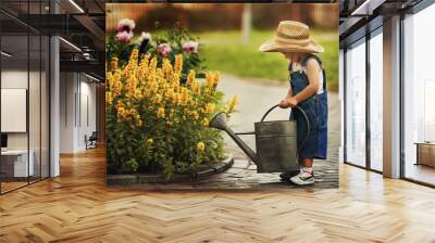 cute little boy watering flowers watering can Wall mural