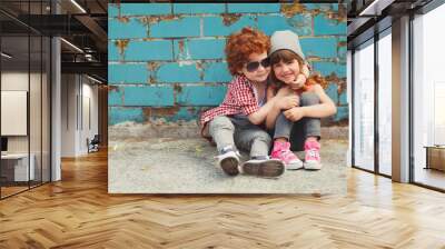 hipster boy and girl in park Wall mural