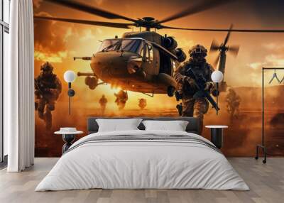 military helicopter transports soldiers. Generative AI Wall mural