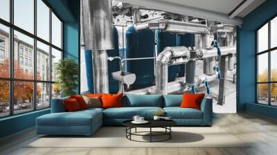 Modern industrial boiler room. Water treatment pipes and pressure gauges installed for pressure control. Water treatment device. Blue toning Wall mural