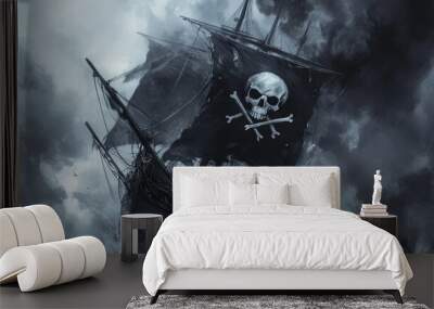 pirate ship at night in the fog Wall mural