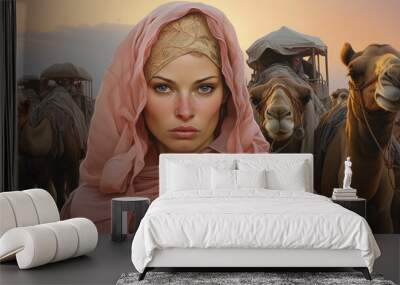 woman in the desert camels Wall mural