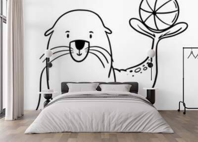 Fur seal with ball coloring page for kids. Simple ocean animal illustration on white background. Wall mural