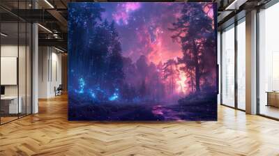 A photo of a mystical forest with bioluminescent trees, a twilight sky with auroras and ethereal mists in the background Wall mural