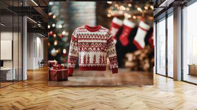 An empty scene featuring blank mockup template (Holiday-themed sweater with candy canes and Christmas stockings),  Wall mural