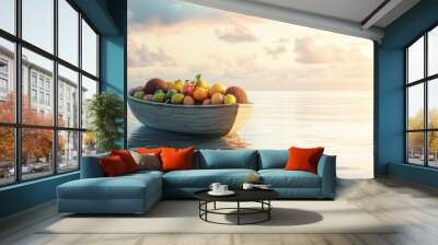 An empty scene featuring blank mockup template of a boat filled with fresh fruits and coconuts floating on calm waters,  Wall mural