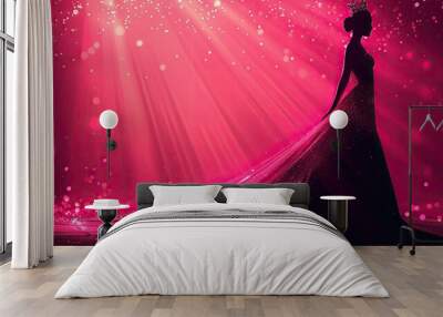 banner background International Beauty Pageant Day theme, and wide copy space, Silhouette of a woman in a flowing dress with a crown above her head, set against a plain backdrop, Wall mural