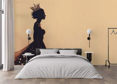 banner background International Beauty Pageant Day theme, and wide copy space, Silhouette of a woman walking confidently with a crown hovering above her head, for banner Wall mural