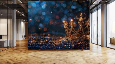 banner background International Beauty Pageant Day theme, and wide copy space, Simple outline of a tiara surrounded by stars on a dark background, symbolizing glamour,  Wall mural