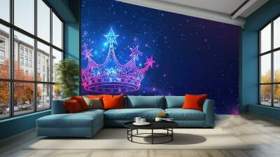 banner background International Beauty Pageant Day theme, and wide copy space, Simple outline of a tiara surrounded by stars on a dark background, symbolizing glamour, for banner,  Wall mural