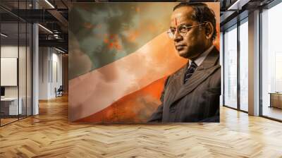 banner background National Ambedkar Jayanti Day theme, and wide copy space, Portrait of Dr. B.R. Ambedkar with a background of the Indian flag, for banner,  Wall mural