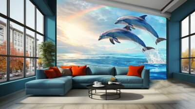 banner background National Dolphin Day theme, and wide copy space, Two dolphins jumping in unison out of the water with a rainbow in the background, for banner, UHD image  Wall mural