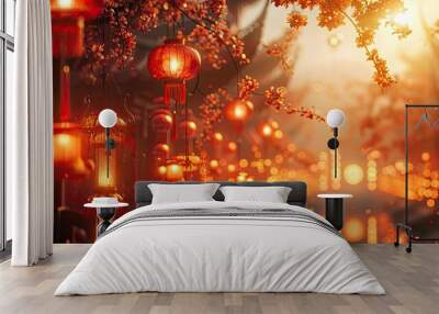 banner background Theravada New Year Day theme, and wide copy space, A serene and peaceful image of a Buddhist temple with lanterns and decorations for the New Year celebration, for banner,  Wall mural