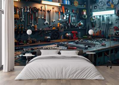 commercial photo, close-up, garage tools, bottom view, soft light Wall mural